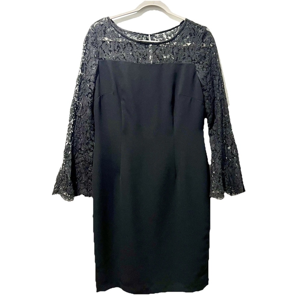 Talbots Womens Black Ponte Knit Sheath Dress Sheer Lace Sleeves lined  size 8